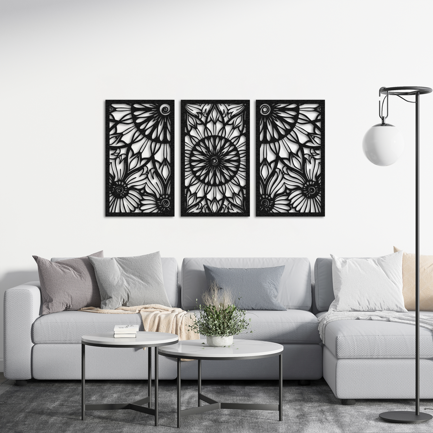Floral Harmony Metal Wall Art – 3 Panel Black Flower Design