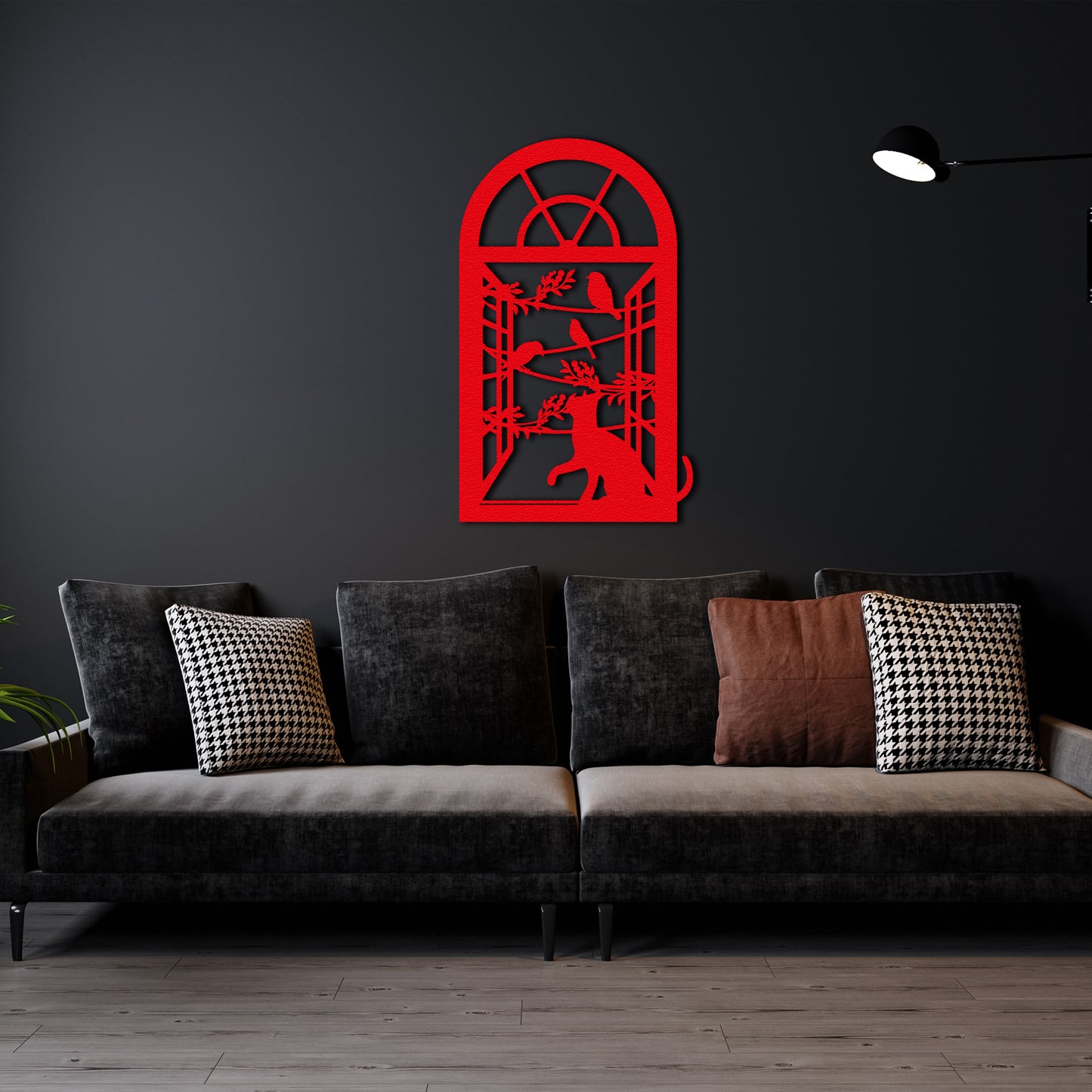 Cat and Birds Metal Wall Art – Window Frame Silhouette Home Decor for Modern Interiors
