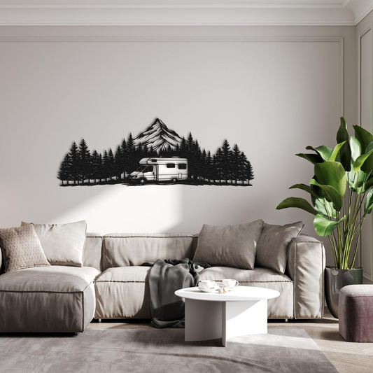 Mountain RV Metal Wall Art – Camper and Forest Silhouette Nature Wall Decor