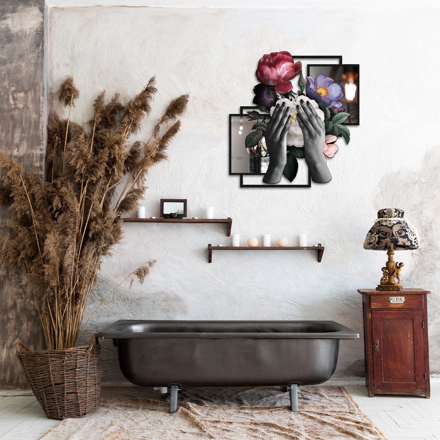 Floral Reflection – Modern Metal Wall Art with Hands and Flowers | Surreal Feminine Home Decor
