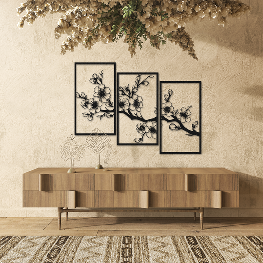 3-Piece Cherry Blossom Metal Wall Art – Black Sakura Branch Decor for Living Room