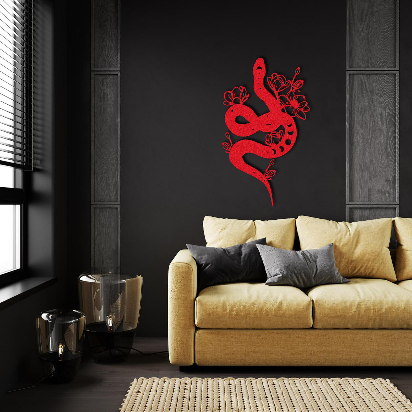 Black Snake Metal Wall Art – Floral Serpent Home Decor for Modern Interiors