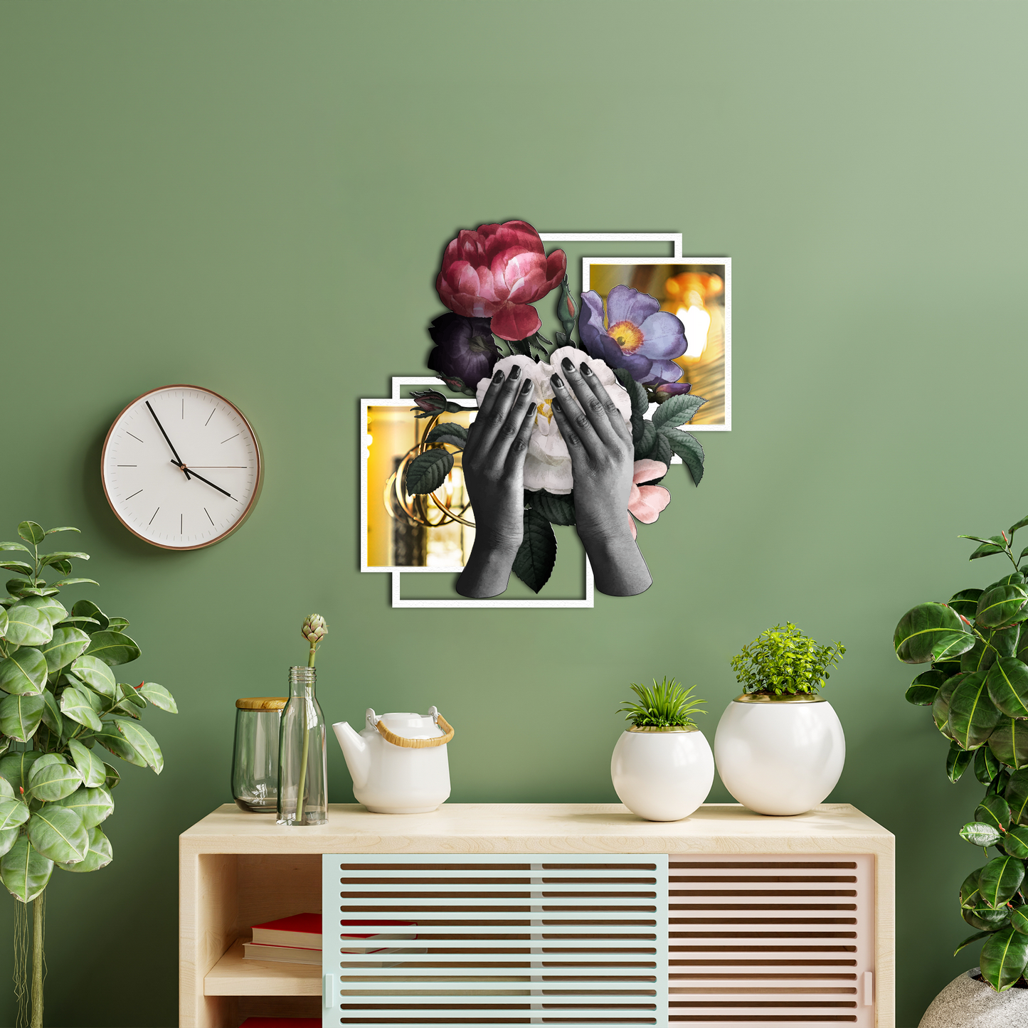 Floral Reflection – Modern Metal Wall Art with Hands and Flowers | Surreal Feminine Home Decor