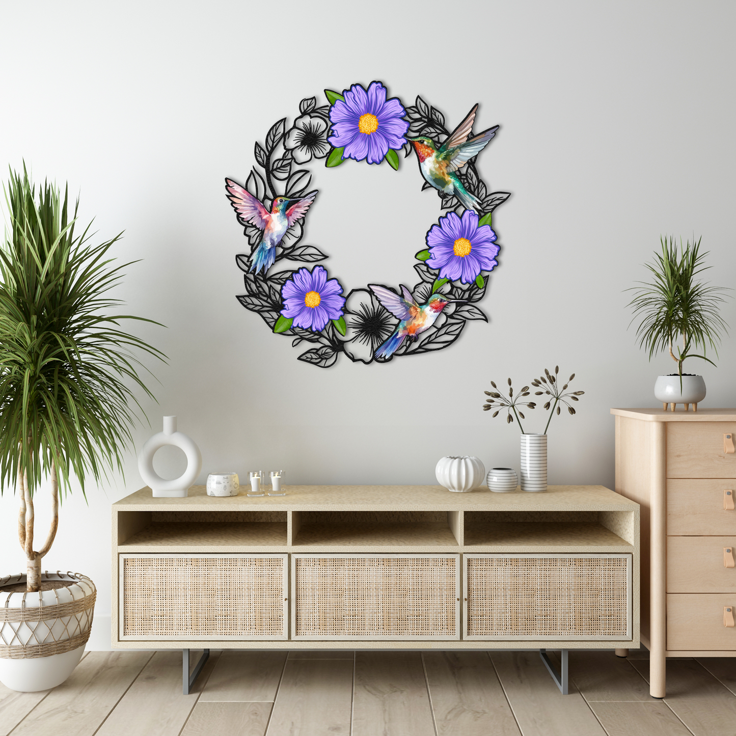 Hummingbird Floral Metal Wall Art – Purple Flower & Bird Wreath for Nature-Inspired Home Decor