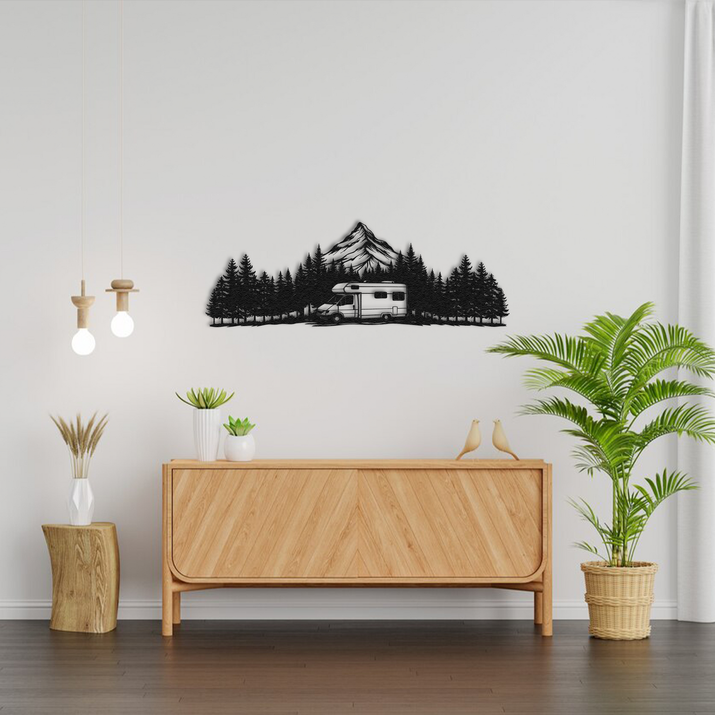 Mountain RV Metal Wall Art – Camper and Forest Silhouette Nature Wall Decor