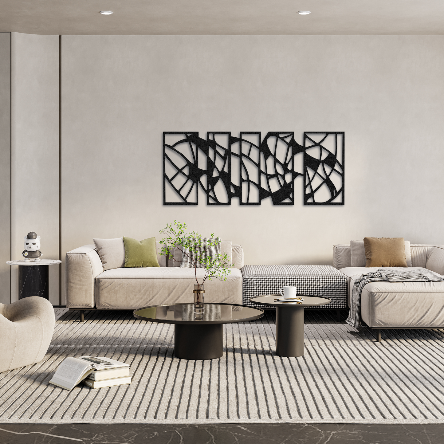 Large Abstract Geometric Metal Wall Art – Modern Black Multi Panel Decorative Wall Decor