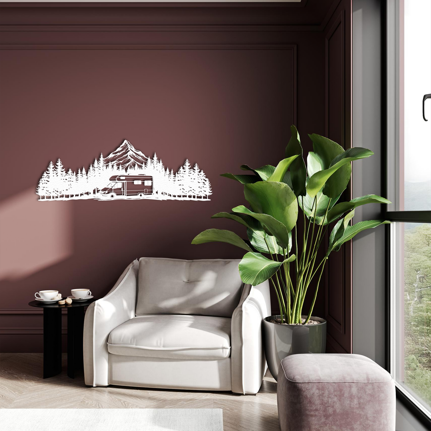 Mountain RV Metal Wall Art – Camper and Forest Silhouette Nature Wall Decor