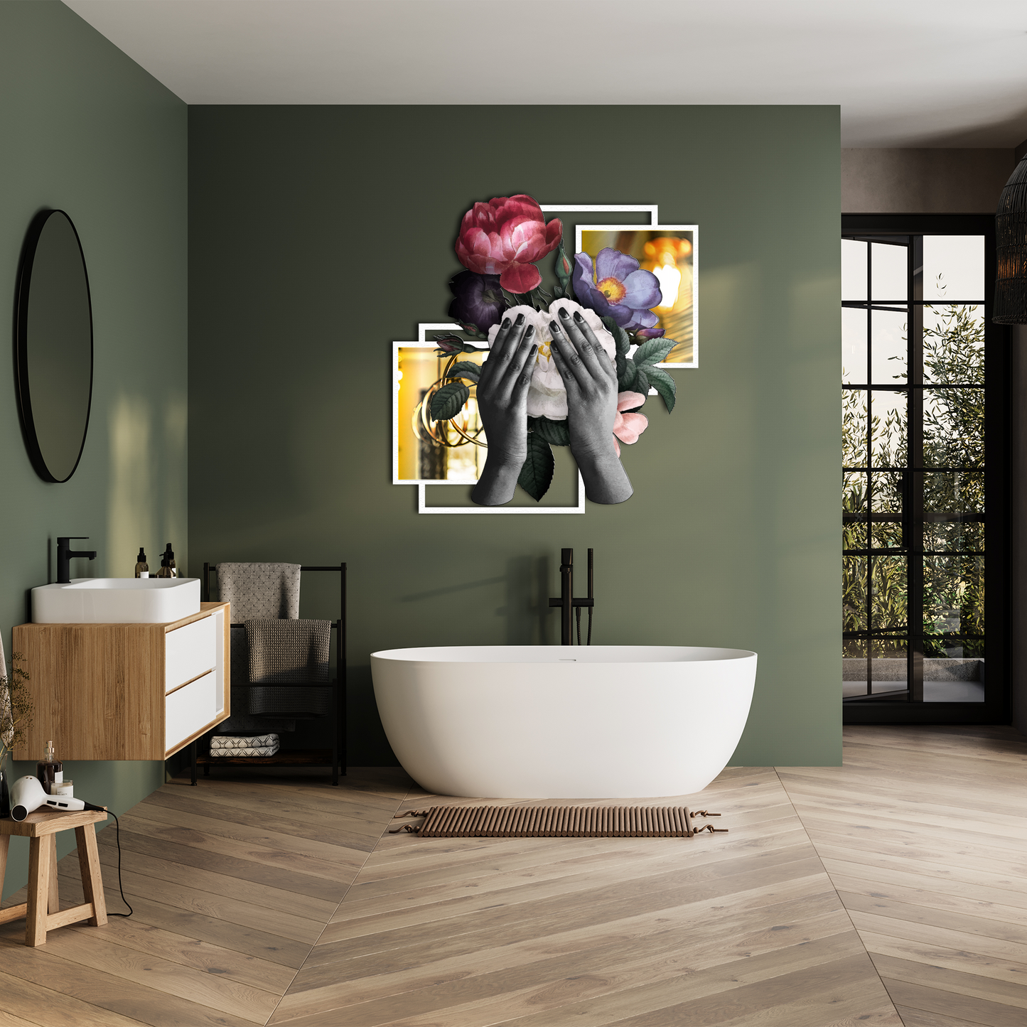 Floral Reflection – Modern Metal Wall Art with Hands and Flowers | Surreal Feminine Home Decor