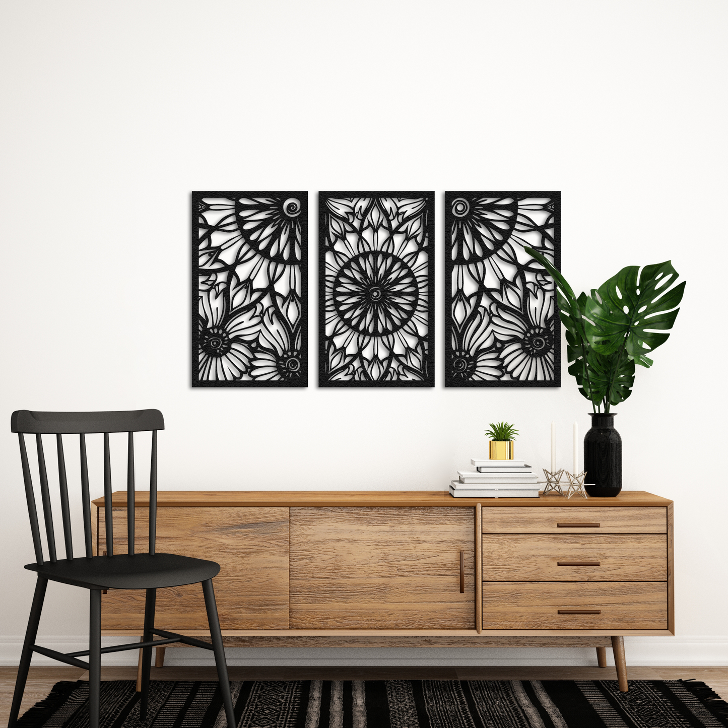 Floral Harmony Metal Wall Art – 3 Panel Black Flower Design