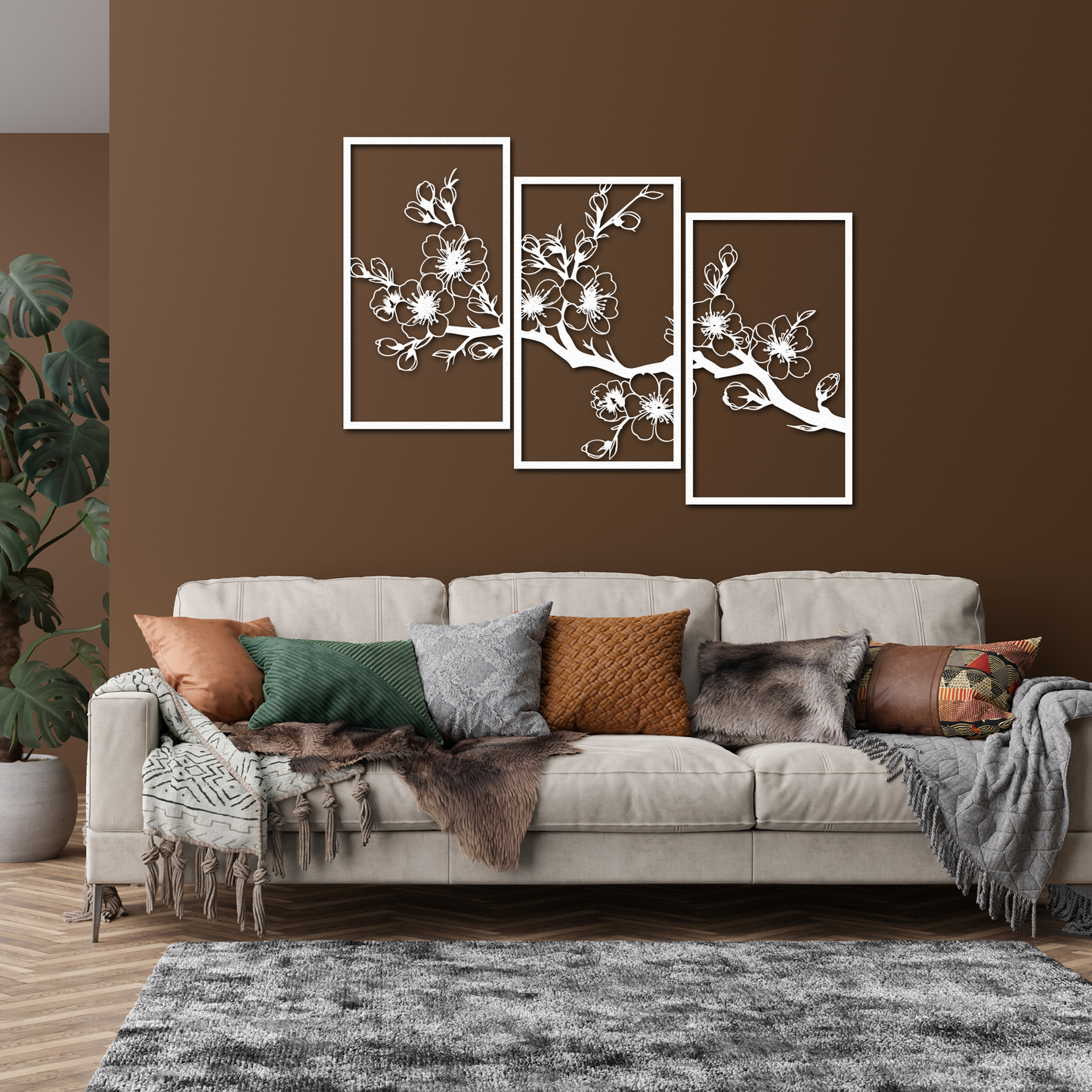 3-Piece Cherry Blossom Metal Wall Art – Black Sakura Branch Decor for Living Room