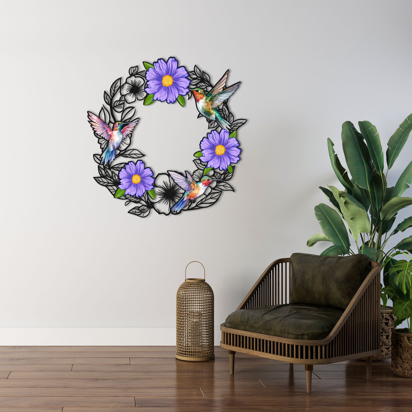 Hummingbird Floral Metal Wall Art – Purple Flower & Bird Wreath for Nature-Inspired Home Decor