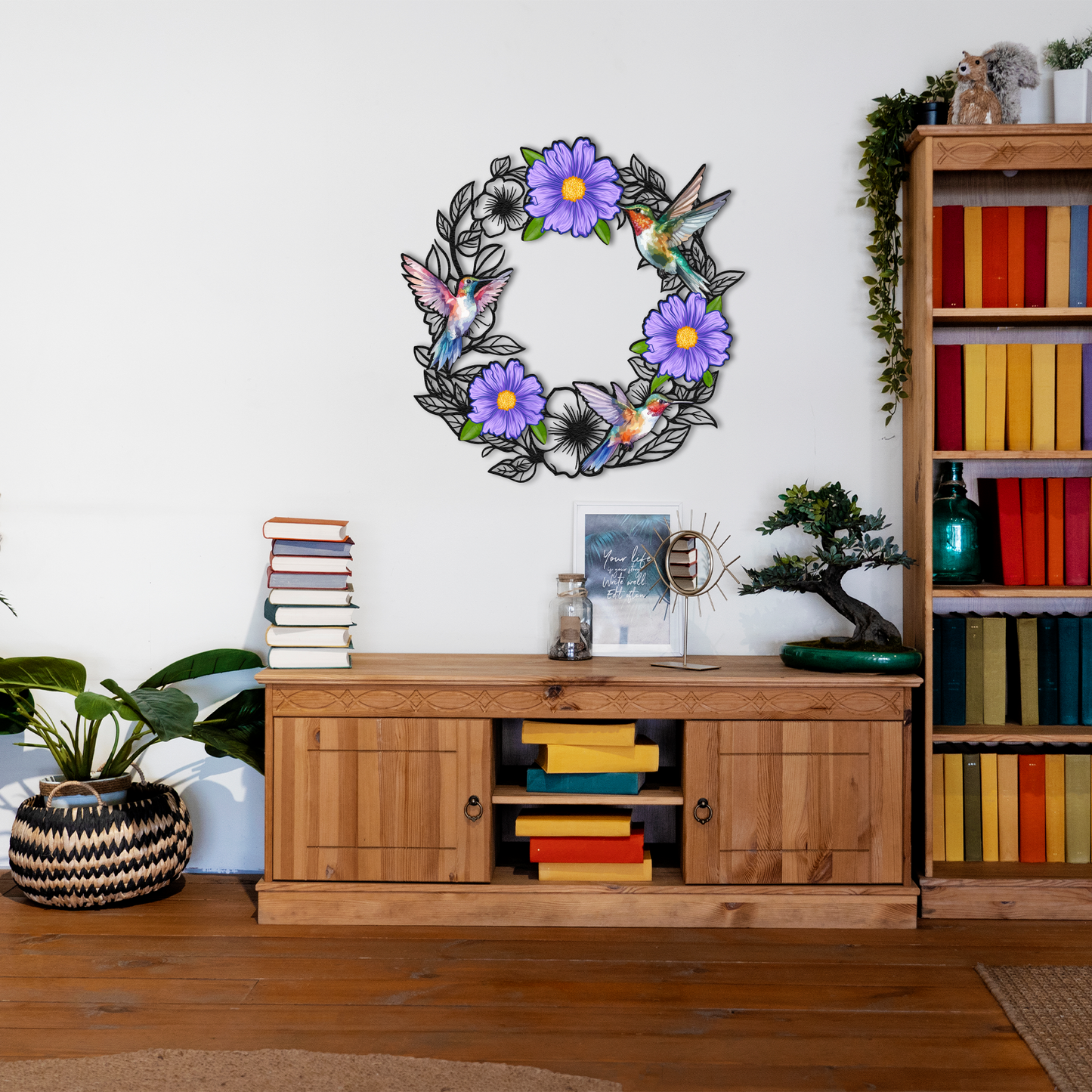 Hummingbird Floral Metal Wall Art – Purple Flower & Bird Wreath for Nature-Inspired Home Decor