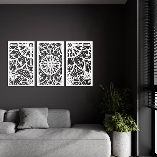 Floral Harmony Metal Wall Art – 3 Panel Black Flower Design