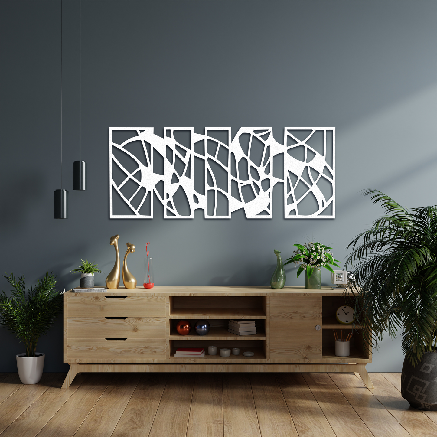 Large Abstract Geometric Metal Wall Art – Modern Black Multi Panel Decorative Wall Decor