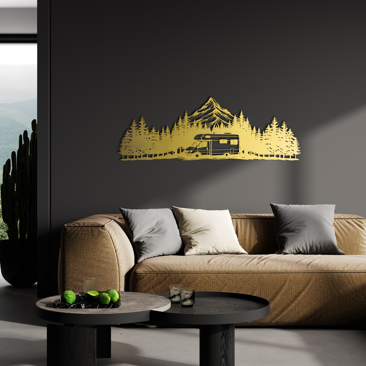 Mountain RV Metal Wall Art – Camper and Forest Silhouette Nature Wall Decor