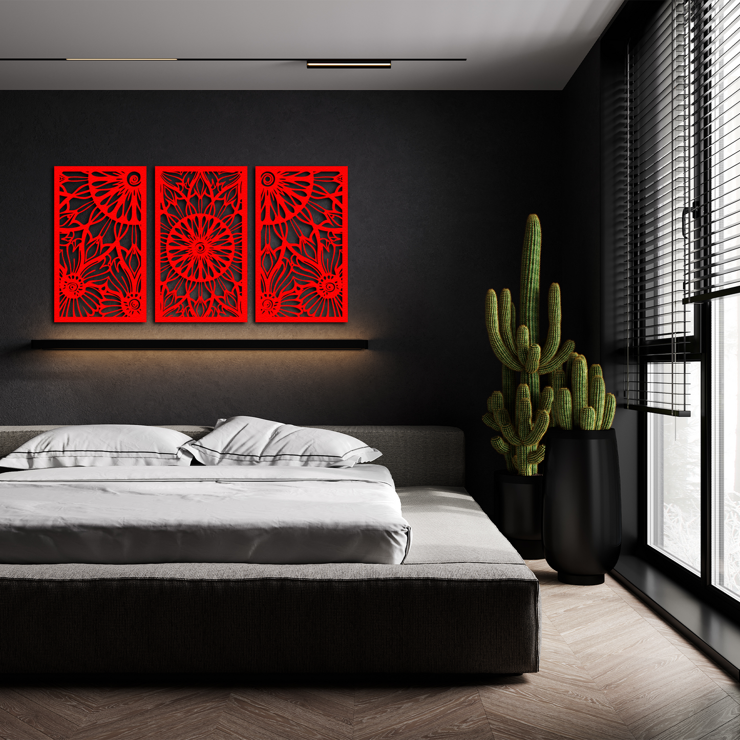 Floral Harmony Metal Wall Art – 3 Panel Black Flower Design