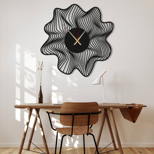 Wavy Black Large Metal Wall Clock, Modern Minimalist Wall Clock, Aesthetic Design, Wanduhr, Horloge Murale, Housewarming Gift, Silent Clock