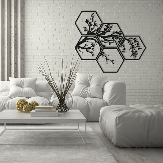 Hexagon 5 Piece Tree Branches Metal Wall Decor, Framed Nature and Tree Wall Sign, Unique Home Art, Gift for Her, Living Room Nature Decor