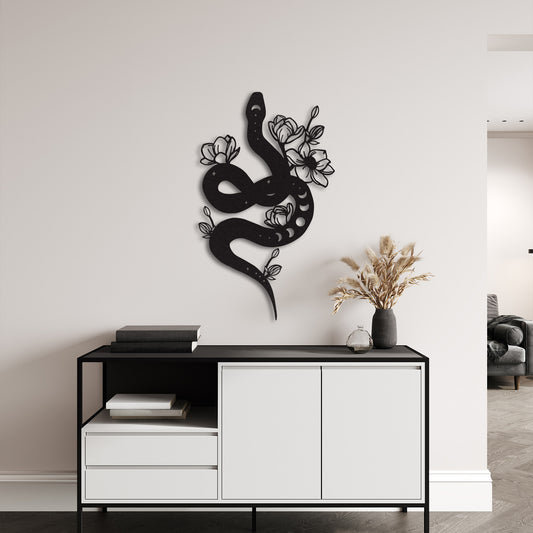 Black Snake Metal Wall Art – Floral Serpent Home Decor for Modern Interiors
