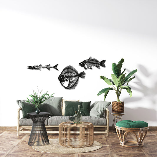 Fish Metal Wall Art Set of 3, Fishbones Wall Decor, School of Fish Decor, Fish Skeleton Decor, Bathroom Decor, Nautical Gift, Interior Decor