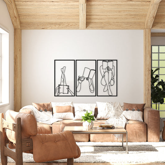 Set of 3 Bookish Metal One Line Art, Woman Reading Book, Minimal Artwork, Feminine Art, Aesthetic Room Decor, Book Lover Art,Above Bed Decor