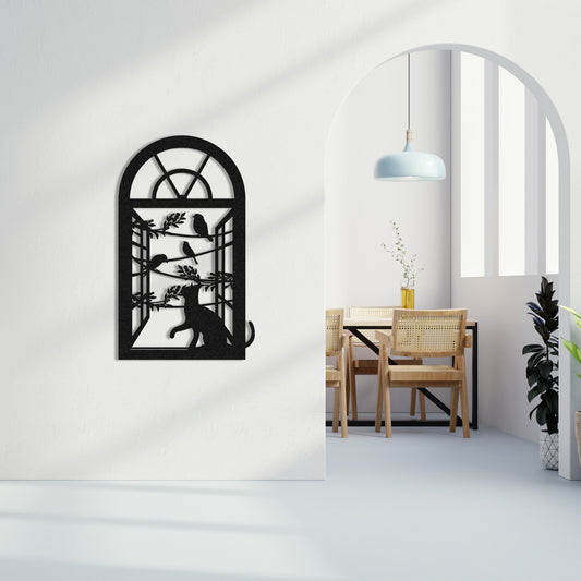 Cat and Birds Metal Wall Art – Window Frame Silhouette Home Decor for Modern Interiors