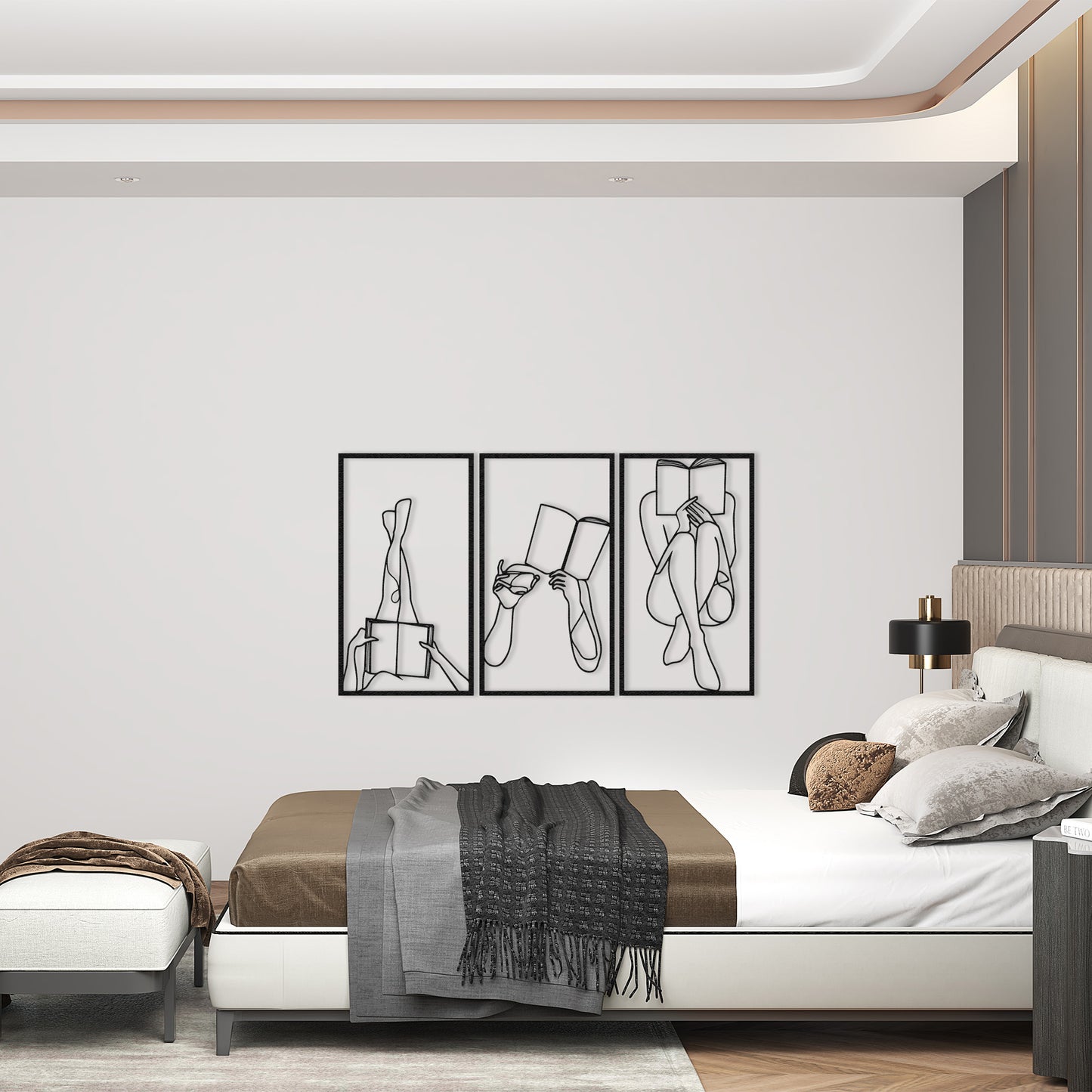 Set of 3 Bookish Metal One Line Art, Woman Reading Book, Minimal Artwork, Feminine Art, Aesthetic Room Decor, Book Lover Art,Above Bed Decor