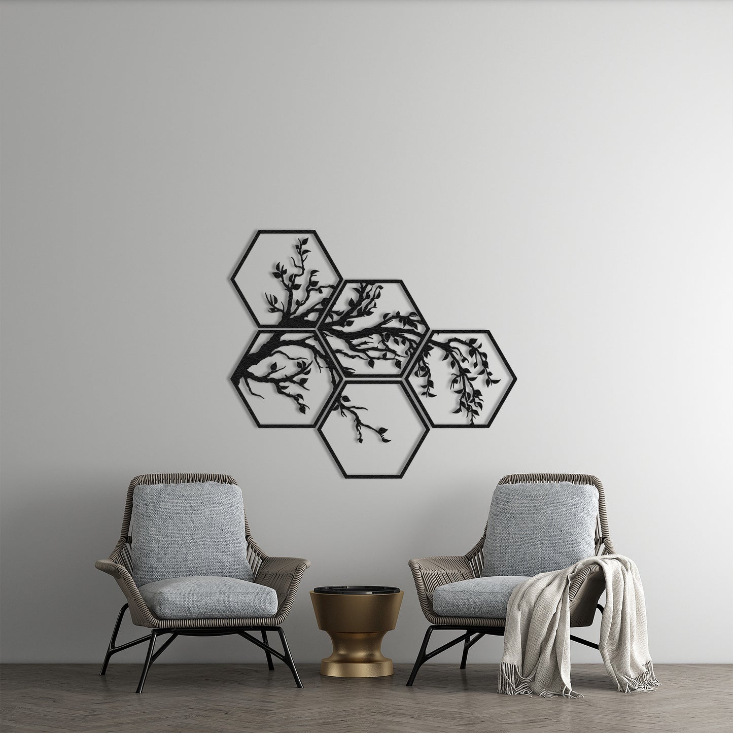 Hexagon 5 Piece Tree Branches Metal Wall Decor, Framed Nature and Tree Wall Sign, Unique Home Art, Gift for Her, Living Room Nature Decor