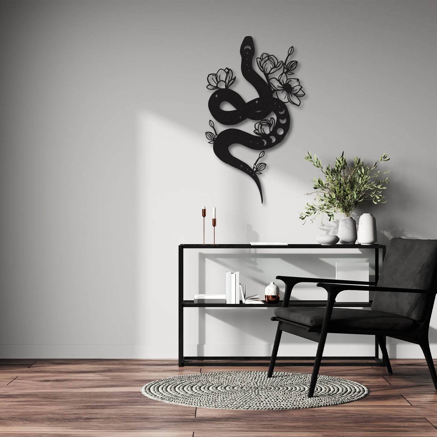Black Snake Metal Wall Art – Floral Serpent Home Decor for Modern Interiors