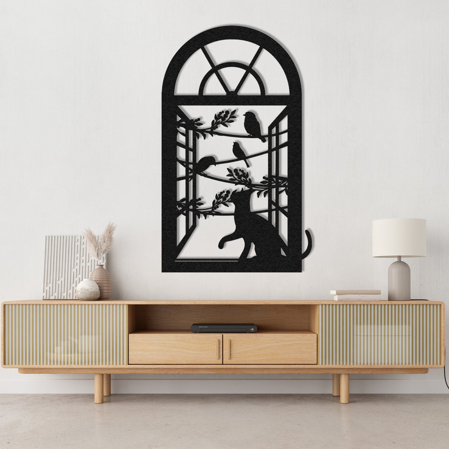 Cat and Birds Metal Wall Art – Window Frame Silhouette Home Decor for Modern Interiors