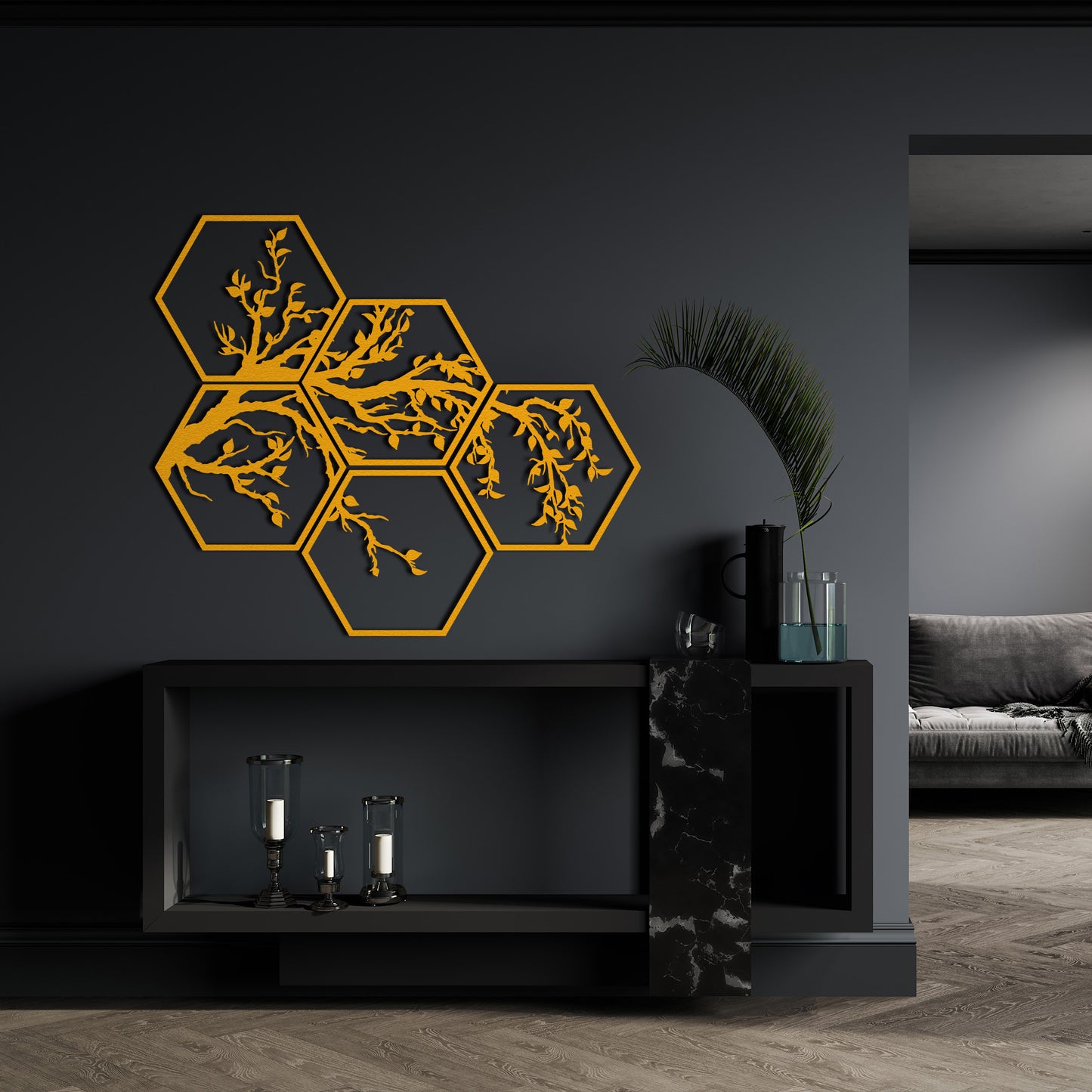 Hexagon 5 Piece Tree Branches Metal Wall Decor, Framed Nature and Tree Wall Sign, Unique Home Art, Gift for Her, Living Room Nature Decor