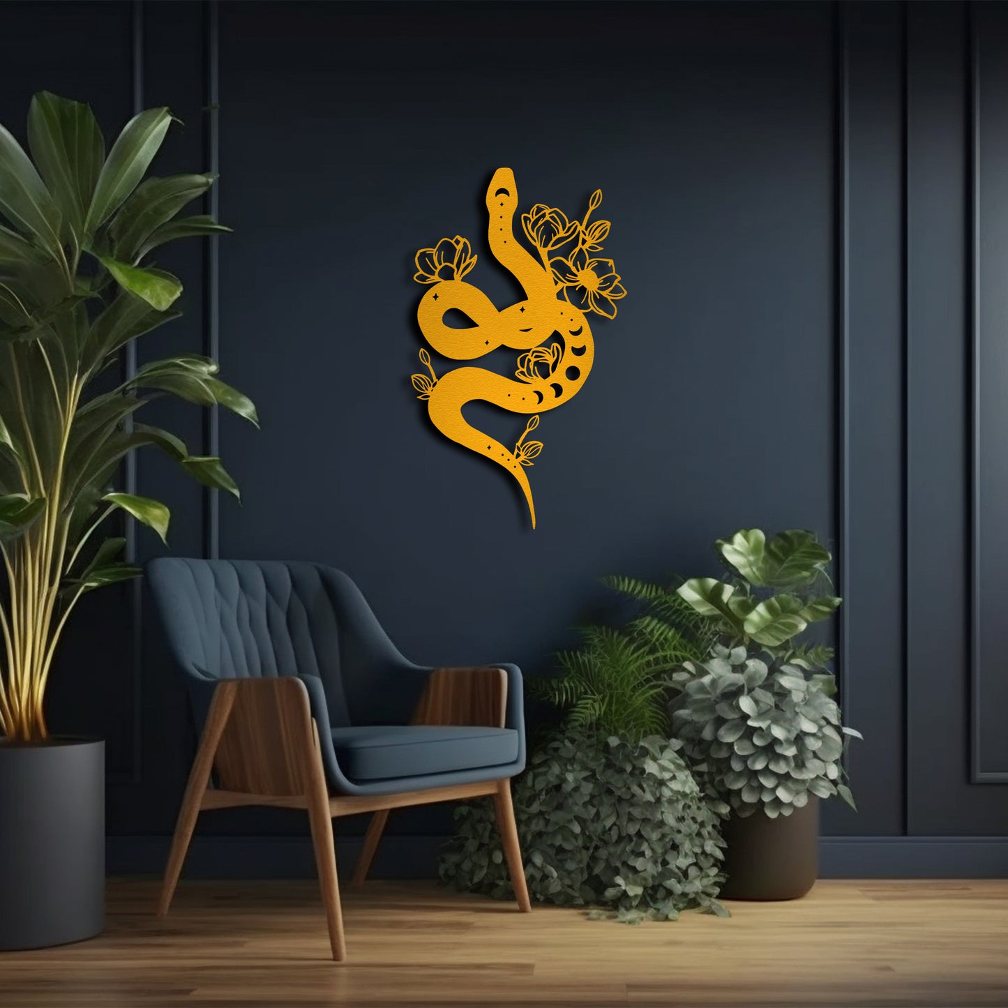 Black Snake Metal Wall Art – Floral Serpent Home Decor for Modern Interiors
