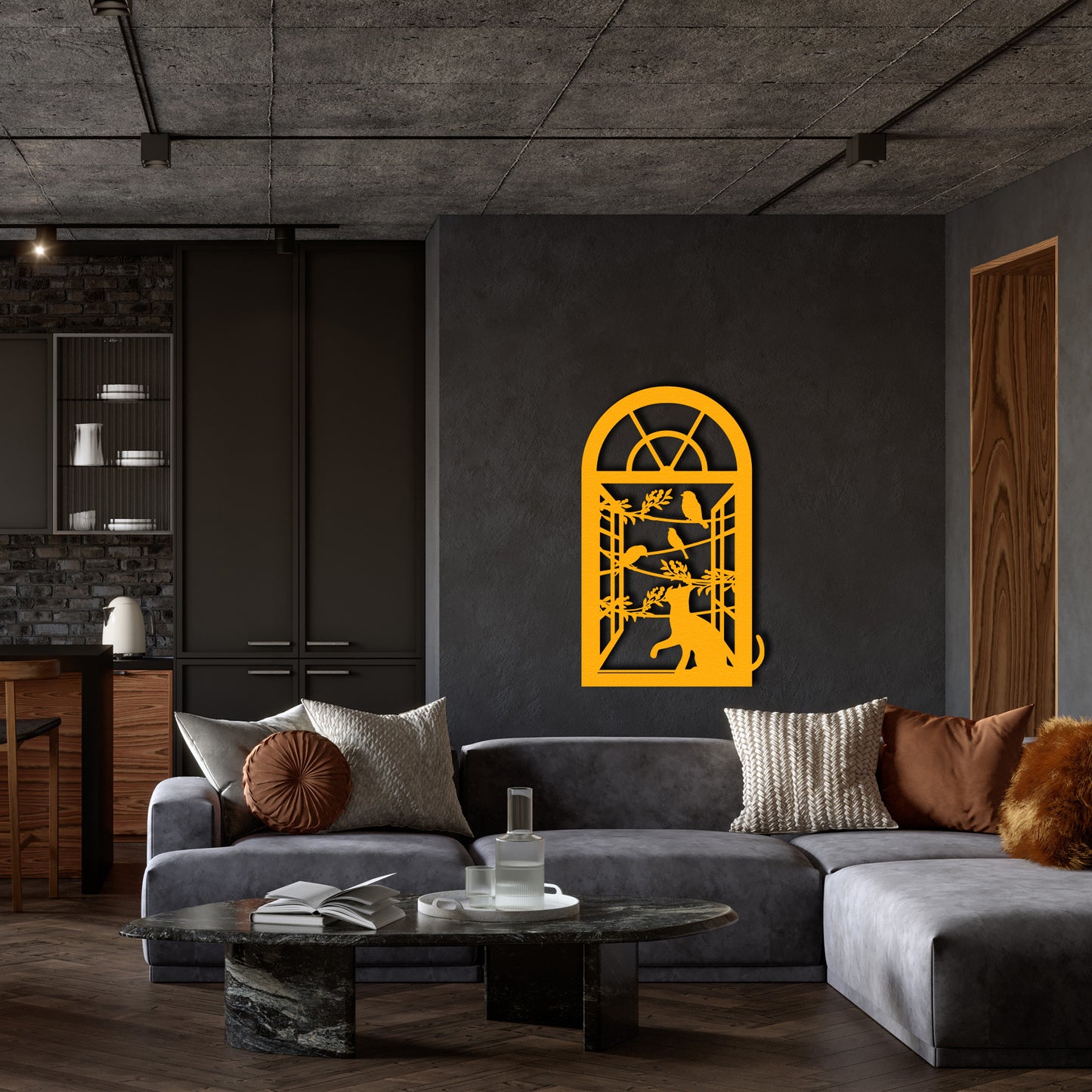 Cat and Birds Metal Wall Art – Window Frame Silhouette Home Decor for Modern Interiors