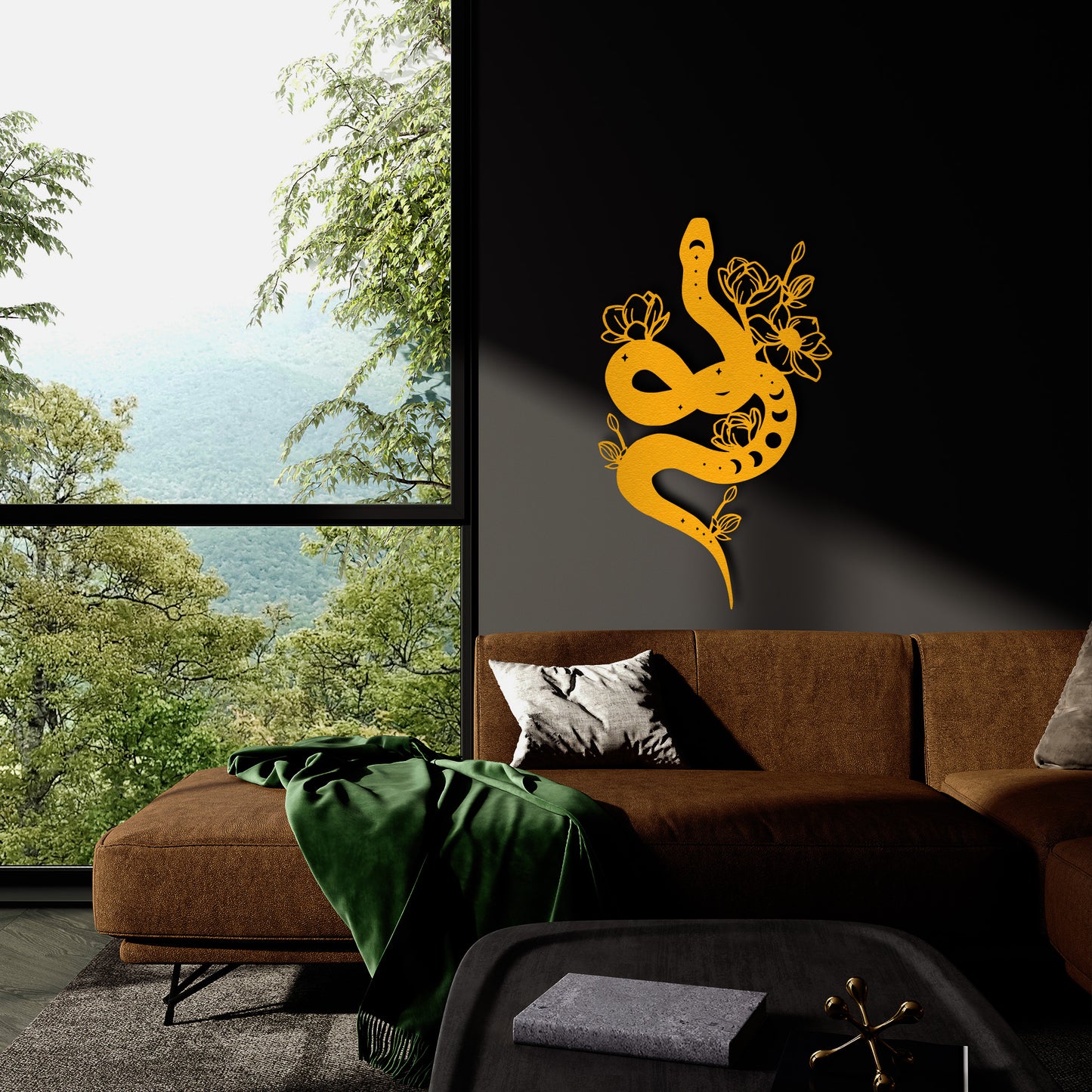 Black Snake Metal Wall Art – Floral Serpent Home Decor for Modern Interiors