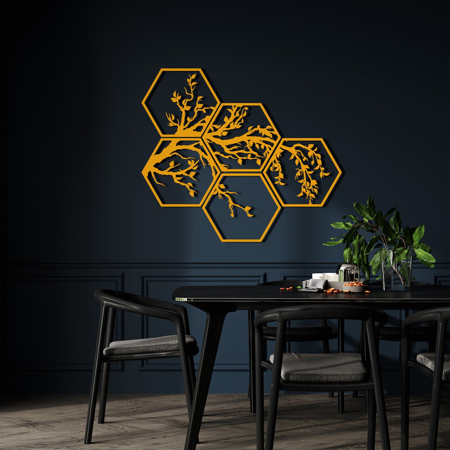 Hexagon 5 Piece Tree Branches Metal Wall Decor, Framed Nature and Tree Wall Sign, Unique Home Art, Gift for Her, Living Room Nature Decor