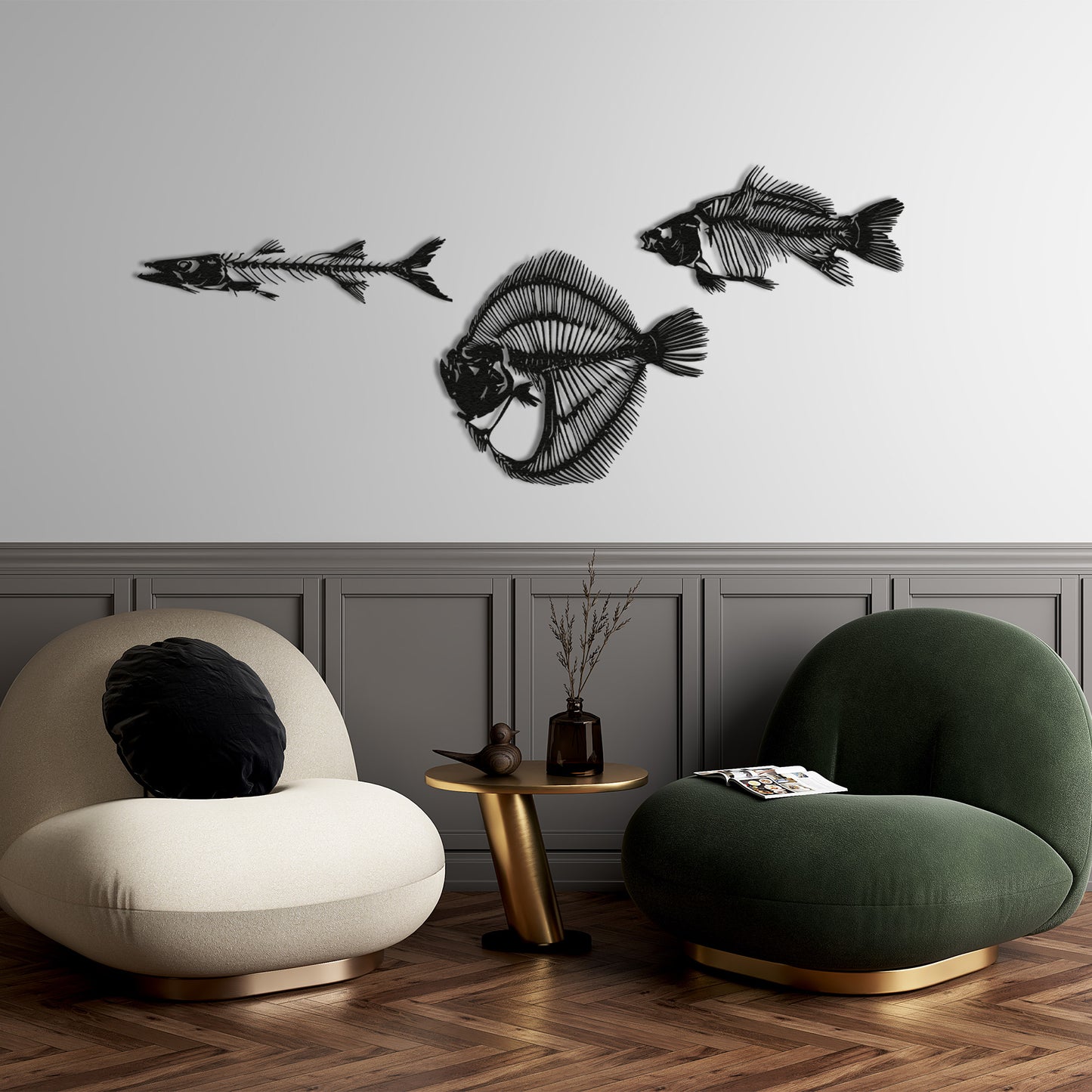 Fish Metal Wall Art Set of 3, Fishbones Wall Decor, School of Fish Decor, Fish Skeleton Decor, Bathroom Decor, Nautical Gift, Interior Decor