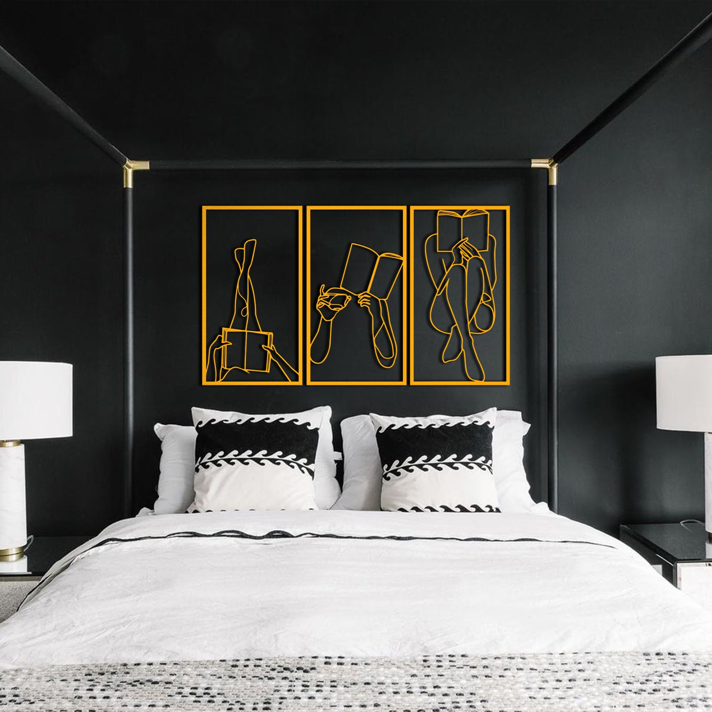 Set of 3 Bookish Metal One Line Art, Woman Reading Book, Minimal Artwork, Feminine Art, Aesthetic Room Decor, Book Lover Art,Above Bed Decor