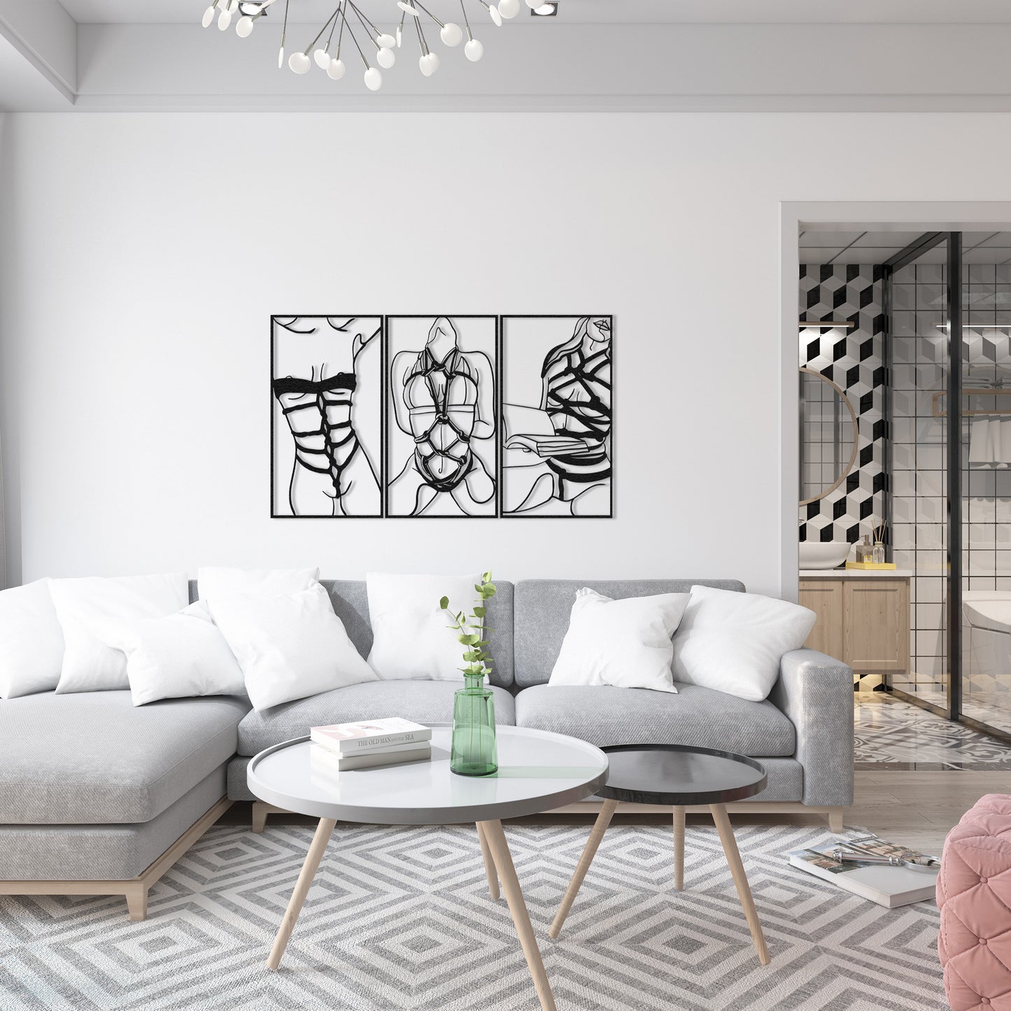 Set of 3 Bookish and Bondage Metal One Line Art, Woman Reading Book Sign, Minimal Artwork, Feminine BDSM Art, Aesthetic Nude Girl Room Decor