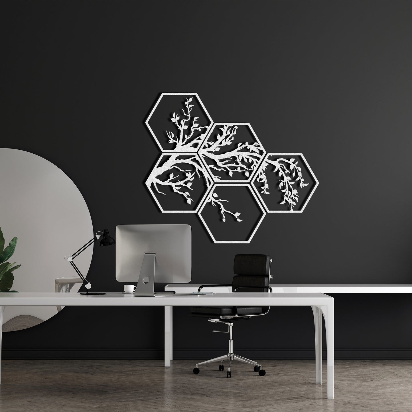 Hexagon 5 Piece Tree Branches Metal Wall Decor, Framed Nature and Tree Wall Sign, Unique Home Art, Gift for Her, Living Room Nature Decor