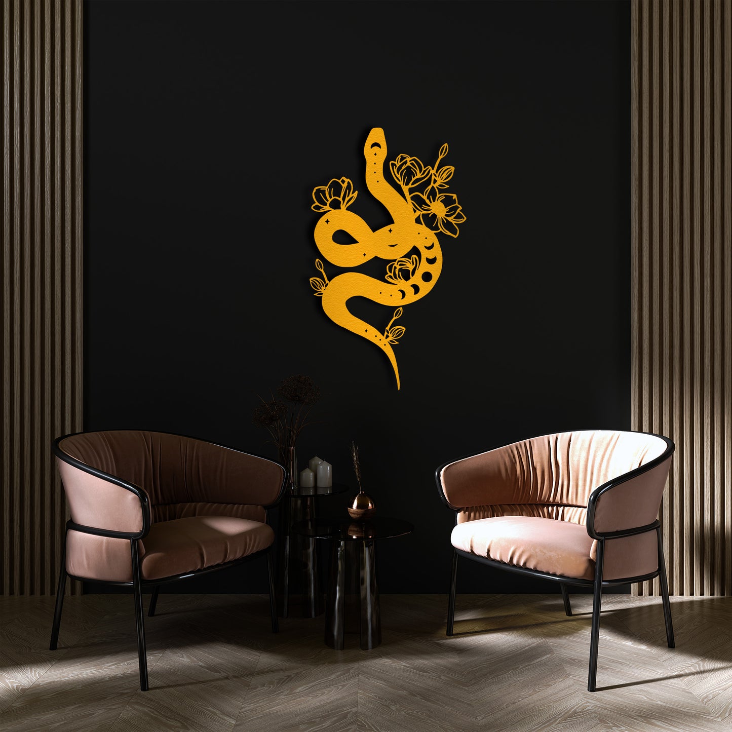 Black Snake Metal Wall Art – Floral Serpent Home Decor for Modern Interiors