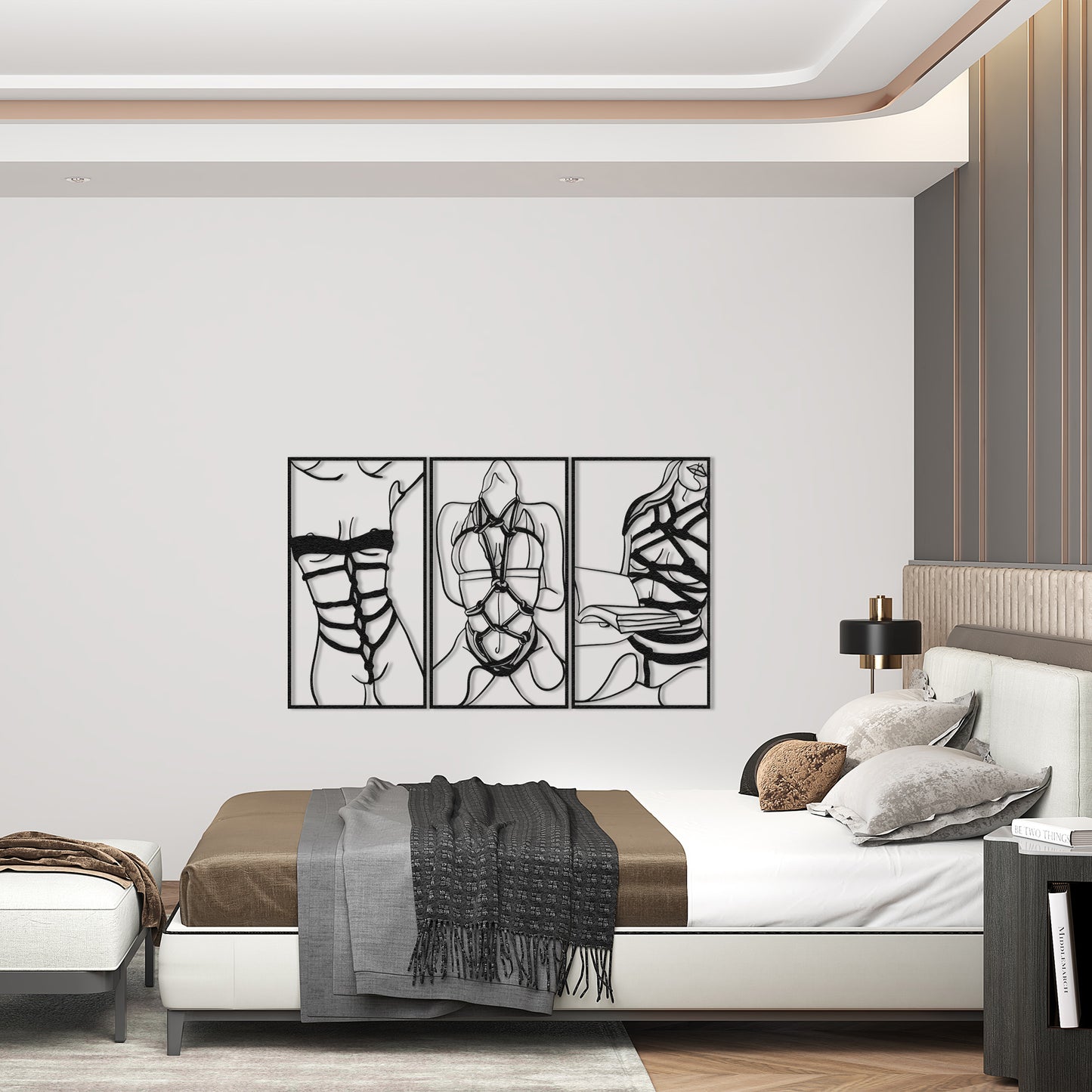 Set of 3 Bookish and Bondage Metal One Line Art, Woman Reading Book Sign, Minimal Artwork, Feminine BDSM Art, Aesthetic Nude Girl Room Decor