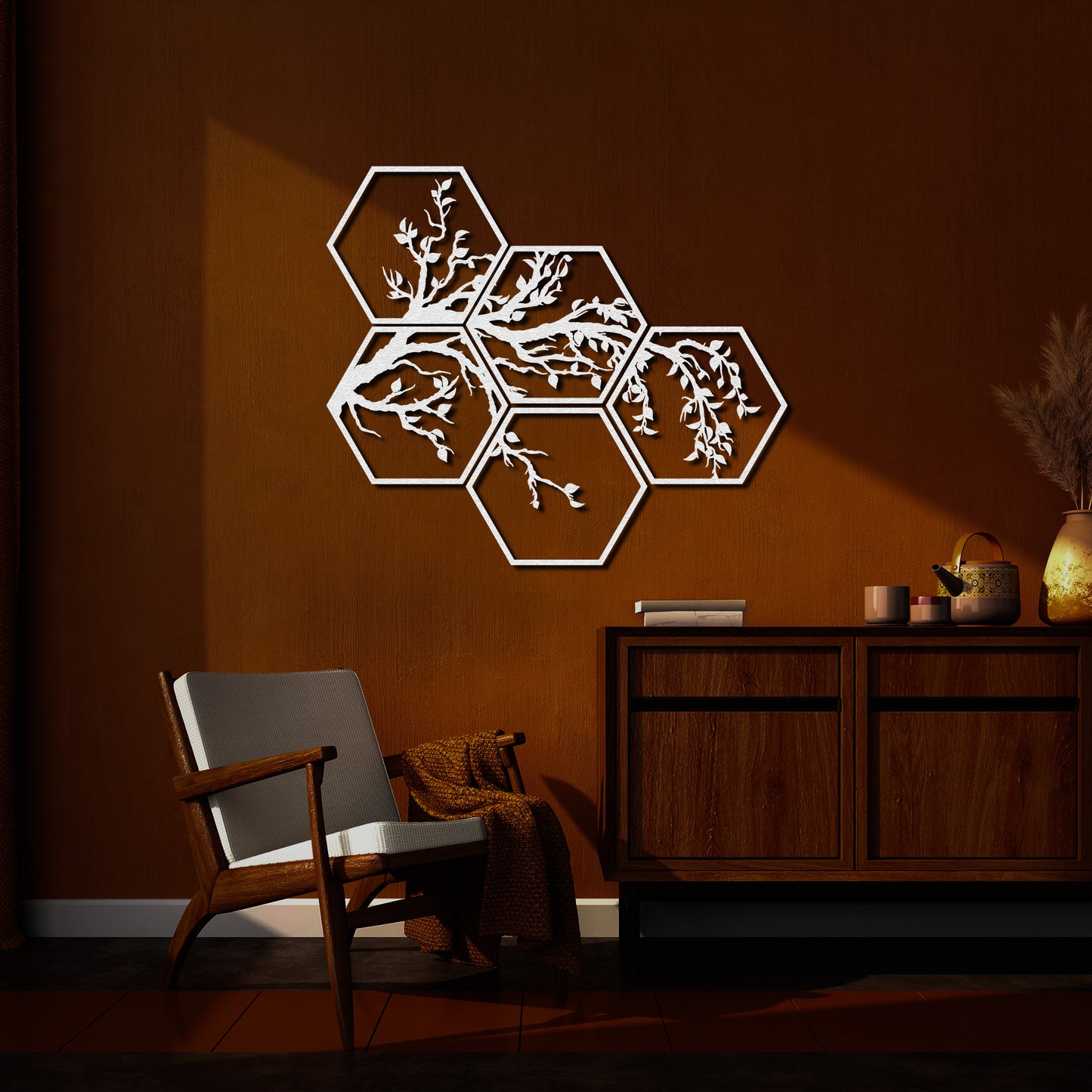 Hexagon 5 Piece Tree Branches Metal Wall Decor, Framed Nature and Tree Wall Sign, Unique Home Art, Gift for Her, Living Room Nature Decor