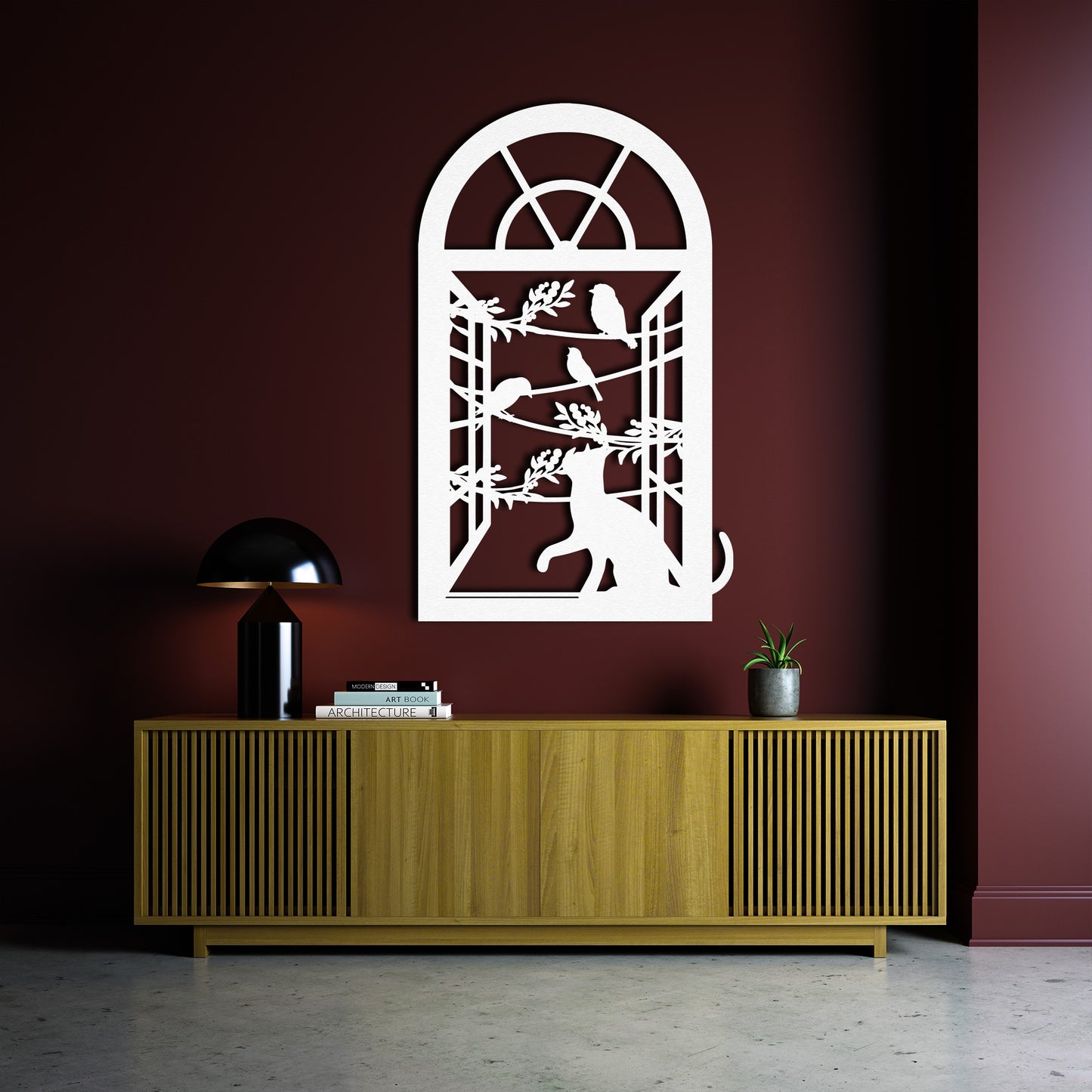 Cat and Birds Metal Wall Art – Window Frame Silhouette Home Decor for Modern Interiors