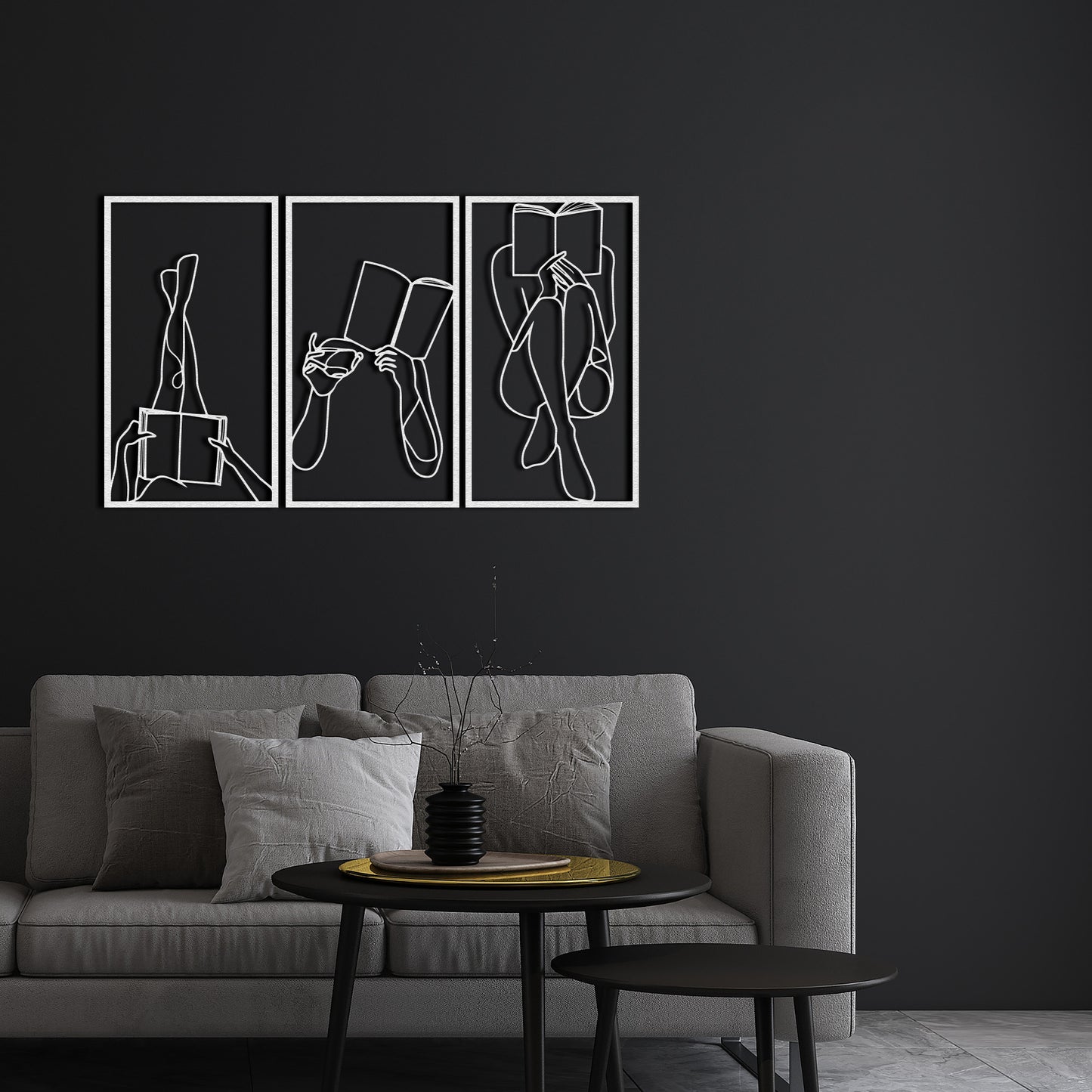 Set of 3 Bookish Metal One Line Art, Woman Reading Book, Minimal Artwork, Feminine Art, Aesthetic Room Decor, Book Lover Art,Above Bed Decor