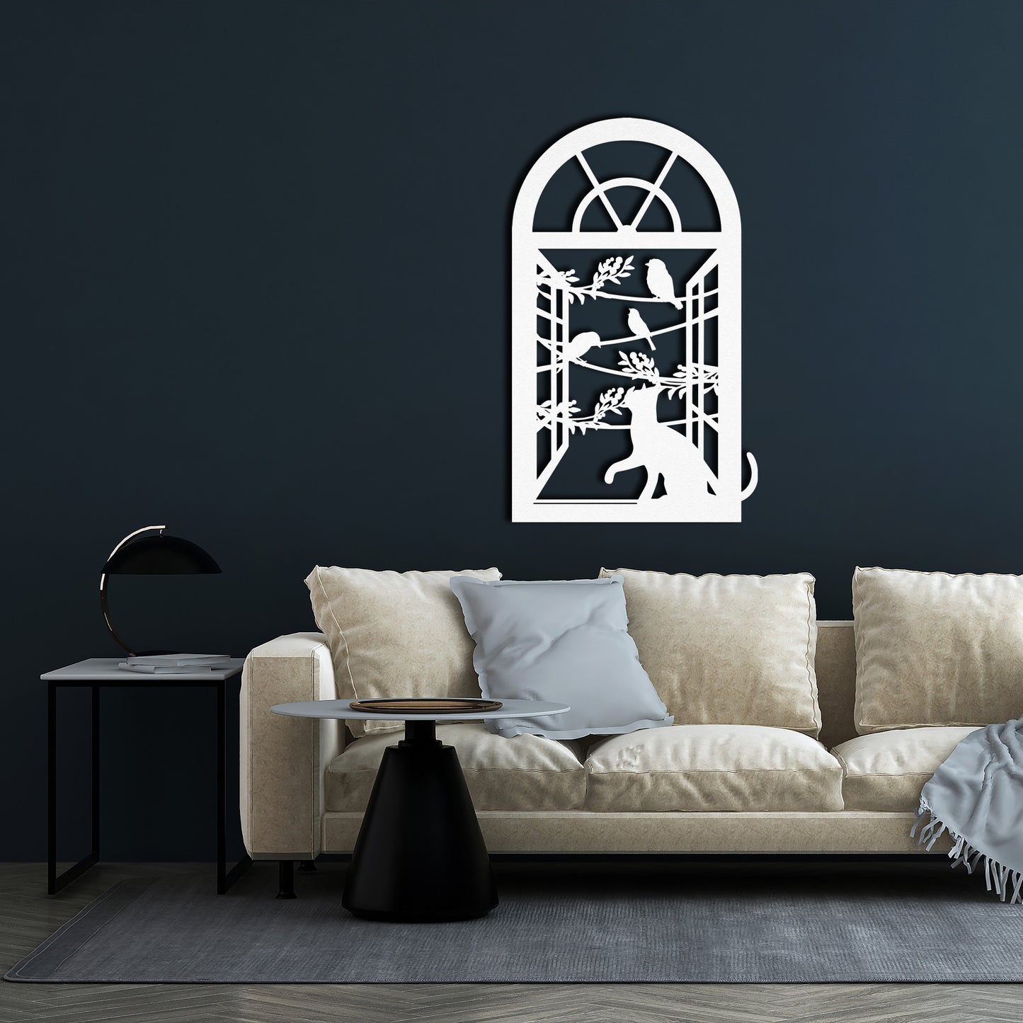 Cat and Birds Metal Wall Art – Window Frame Silhouette Home Decor for Modern Interiors