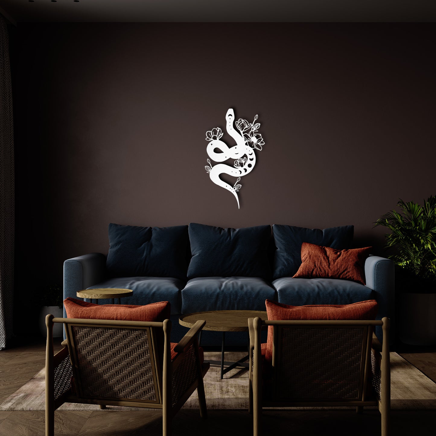 Black Snake Metal Wall Art – Floral Serpent Home Decor for Modern Interiors
