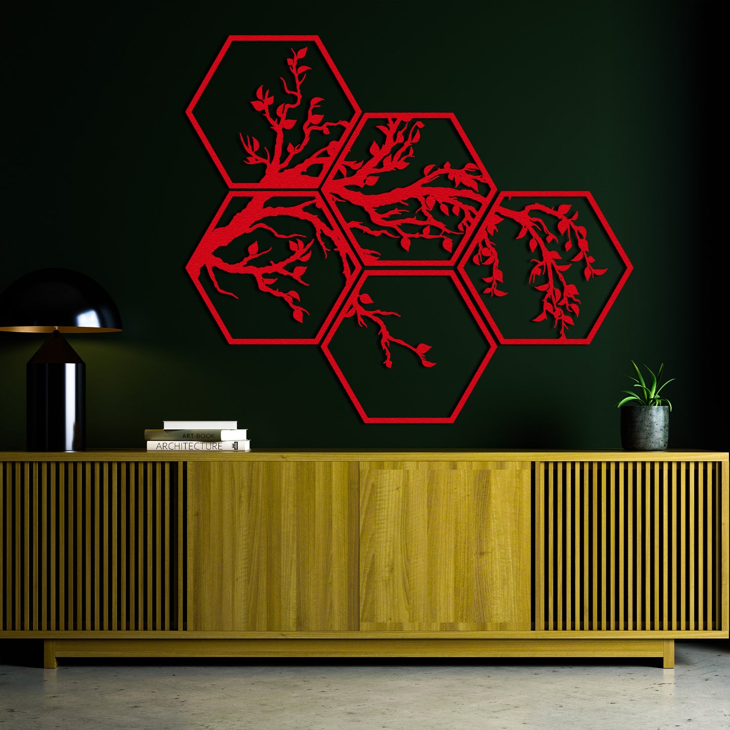 Hexagon 5 Piece Tree Branches Metal Wall Decor, Framed Nature and Tree Wall Sign, Unique Home Art, Gift for Her, Living Room Nature Decor
