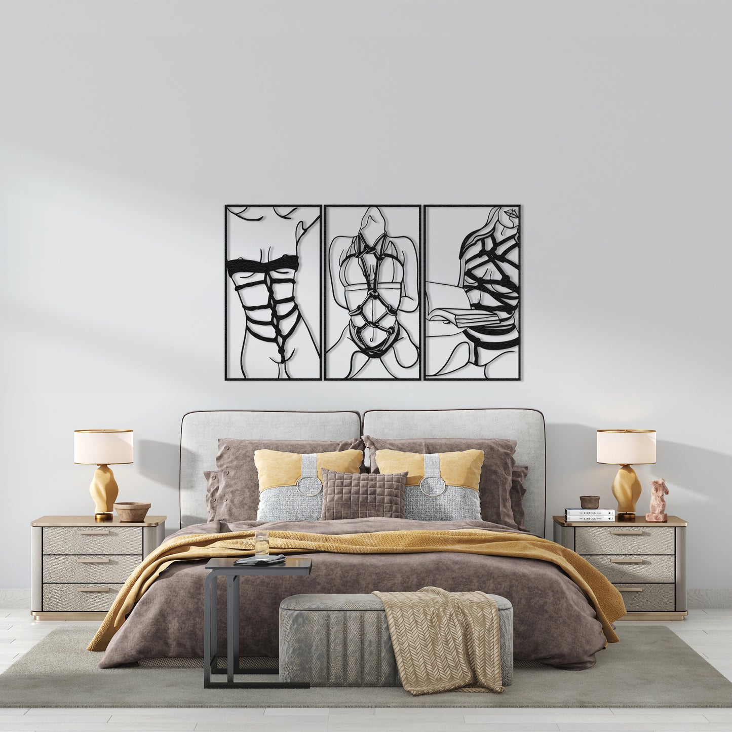 Set of 3 Bookish and Bondage Metal One Line Art, Woman Reading Book Sign, Minimal Artwork, Feminine BDSM Art, Aesthetic Nude Girl Room Decor