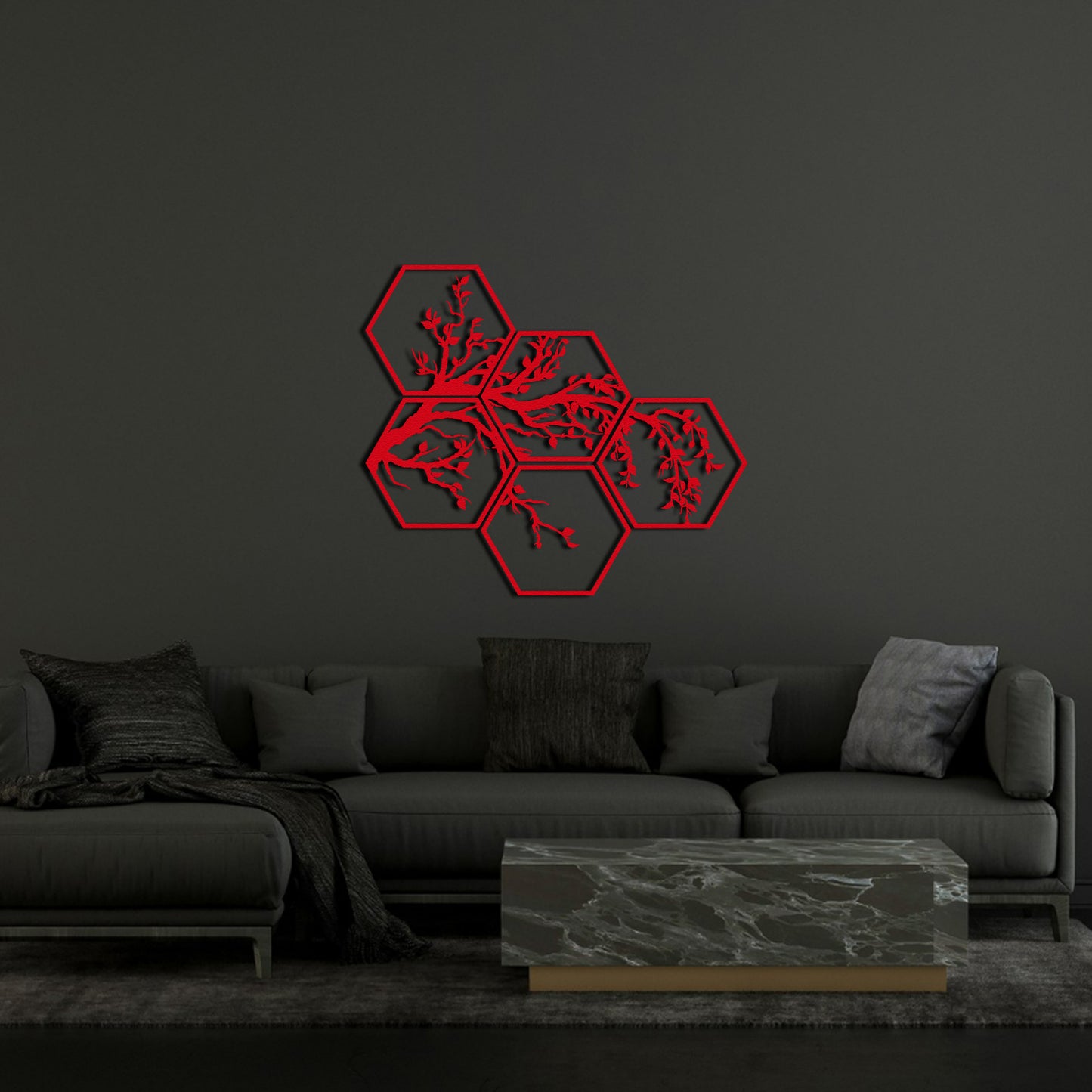 Hexagon 5 Piece Tree Branches Metal Wall Decor, Framed Nature and Tree Wall Sign, Unique Home Art, Gift for Her, Living Room Nature Decor