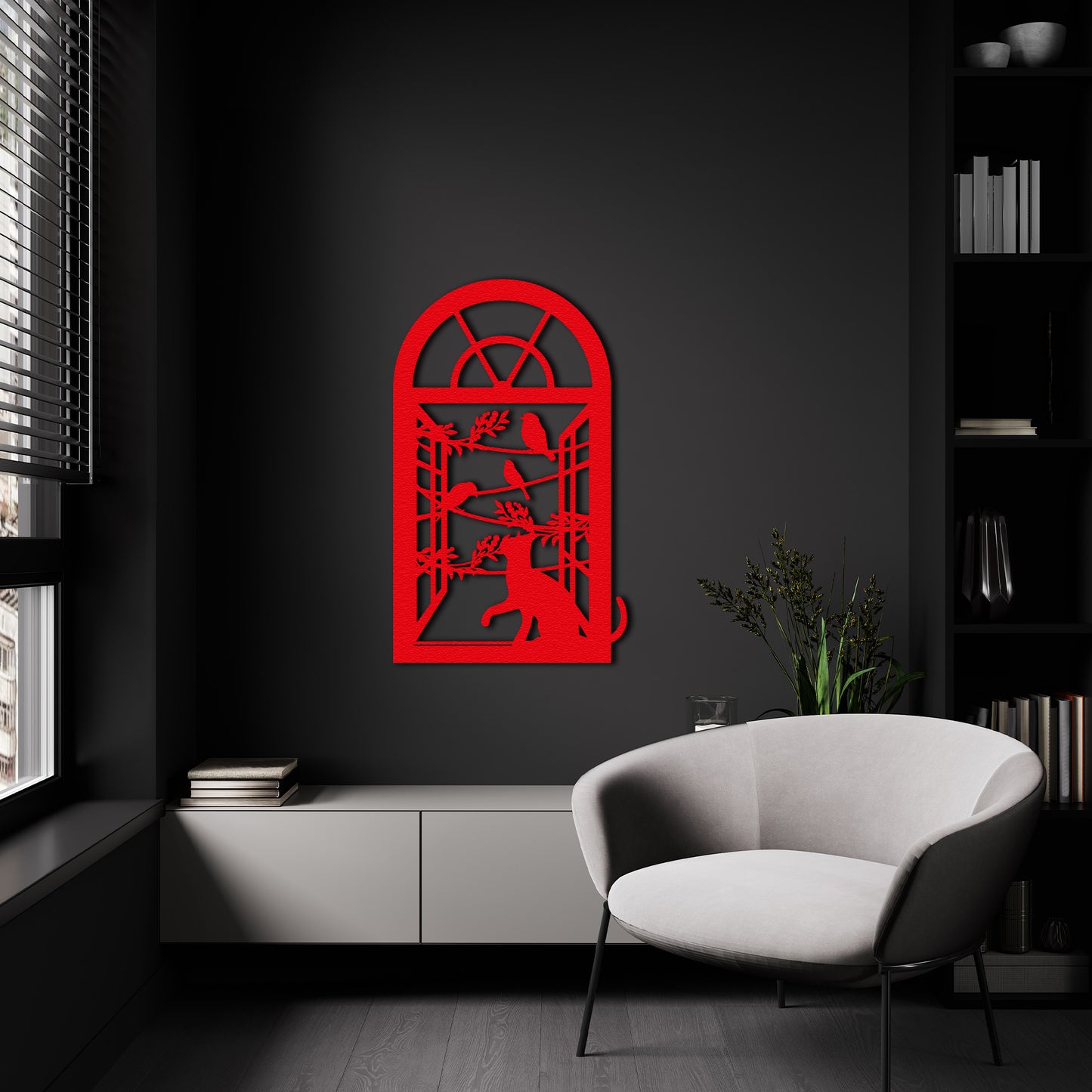 Cat and Birds Metal Wall Art – Window Frame Silhouette Home Decor for Modern Interiors